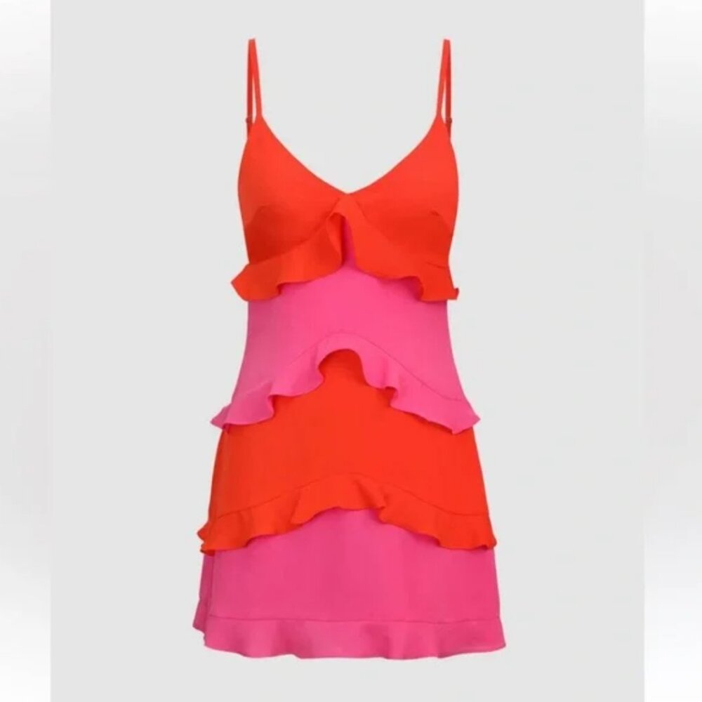 MICAS | Color Block Ruffle V-Neck Mini Two Tone Pink and Orange Dress - S